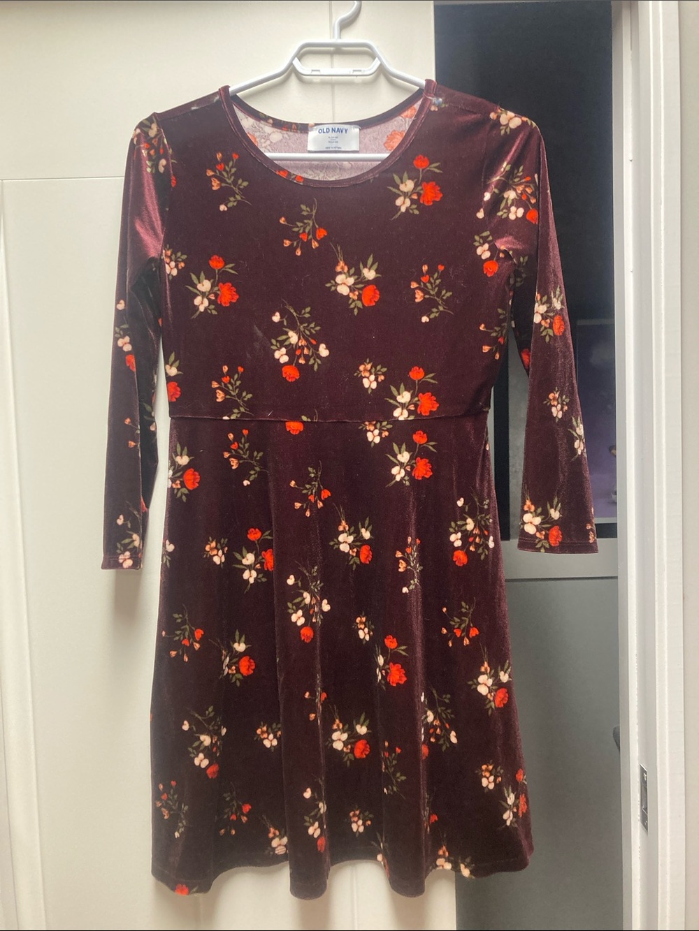 Old Navy Maroon Velvet Dress with Red and Cream Floral Print